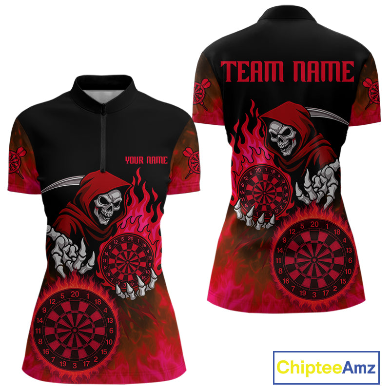 Custom Red Flames Dartboard Horror Grim Reaper Dart Women Quarter-Zip Jerseys Outfits Dart Shirt NYN1659