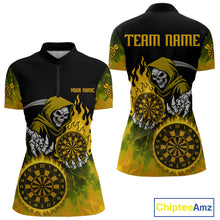 Load image into Gallery viewer, Custom Yellow Flames Dartboard Horror Grim Reaper Dart Women Quarter-Zip Jerseys Outfits Dart Shirt NYN1660