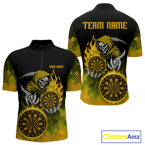 Custom Yellow Flames Dartboard Horror Grim Reaper Dart Men Quarter-Zip Jerseys Outfits Dart Shirt NYN1660