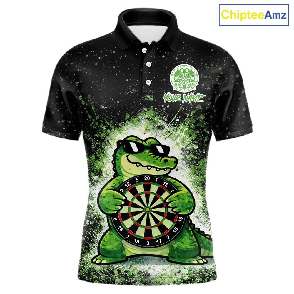 White And Green Funny Crocodile Hold Dartboard Dart Polo Shirts For Men Custom Dart Team Shirts NYN2675