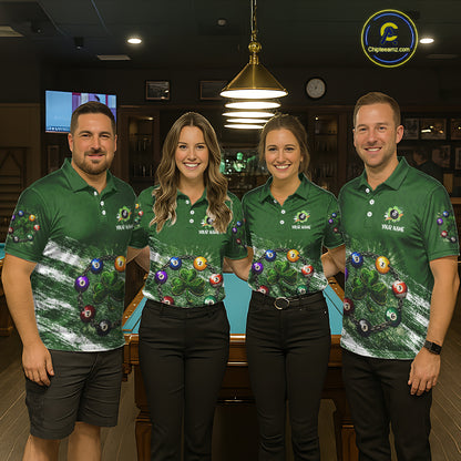 White Green Grunge Shamrock 8 Ball Women Billiards Shirt Personalized St Patrick's Day Pool Balls Shirt NYN2678