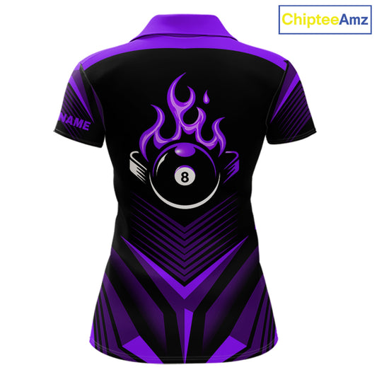 Purple Flaming 8 Ball Pool Polo & 1/4-Zip Team Shirt For Women Custom Billiards Ball Apparel NYN2832