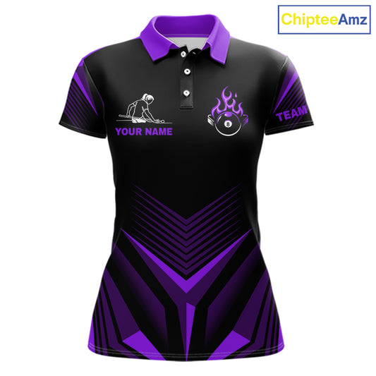 Purple Flaming 8 Ball Pool Polo & 1/4-Zip Team Shirt For Women Custom Billiards Ball Apparel NYN2832