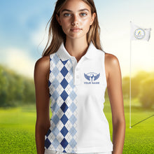 Load image into Gallery viewer, Womens Blue Argyle Golf Shirts Argyle Golf Clothing Custom Blue Golf Sleeveless Polo, Best Golf Gifts NYN3051