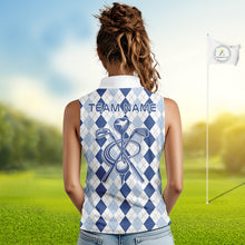 Load image into Gallery viewer, Womens Blue Argyle Golf Shirts Argyle Golf Clothing Custom Blue Golf Sleeveless Polo, Best Golf Gifts NYN3051