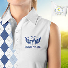 Load image into Gallery viewer, Womens Blue Argyle Golf Shirts Argyle Golf Clothing Custom Blue Golf Sleeveless Polo, Best Golf Gifts NYN3051