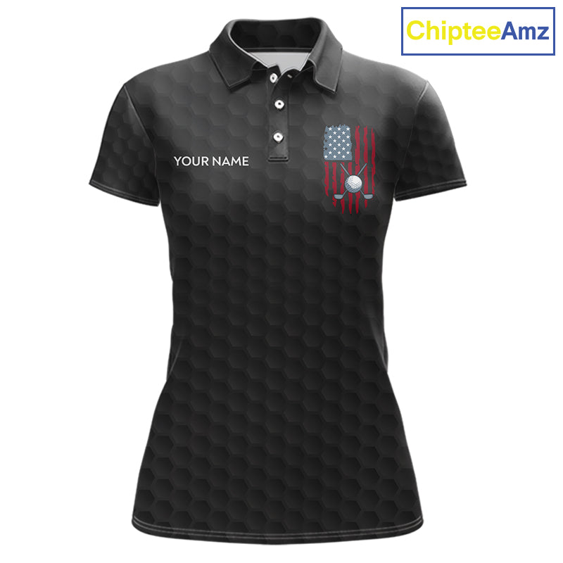 Womens American Flag Golf Shirts Patriotic Golf Jersey Custom Black Ball Golf Clothing, Golf Gifts NYN3053