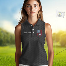 Load image into Gallery viewer, Womens American Flag Golf Shirts Patriotic Golf Jersey Custom Black Ball Golf Sleeveless Polo Jerseys NYN3053