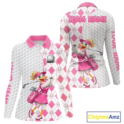 Custom Pink Argyle Golf Polo Shirts For Women Funny Duck Golfer Best Golf Clothing Shirts NYN3055