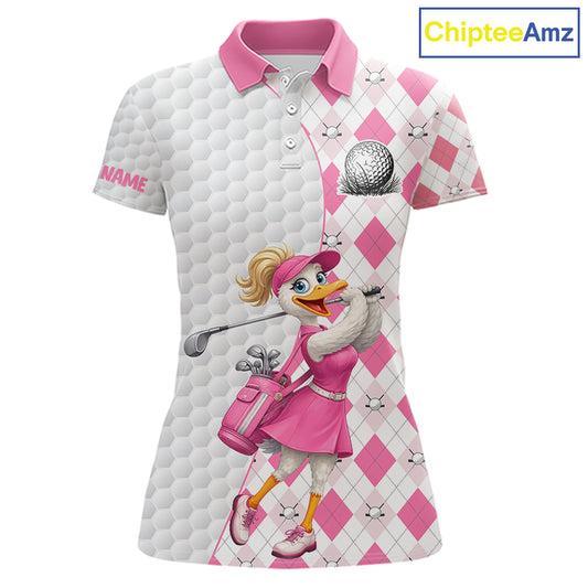 Custom Pink Argyle Golf Polo Shirts For Women Funny Duck Golfer Best Golf Clothing Shirts NYN3055