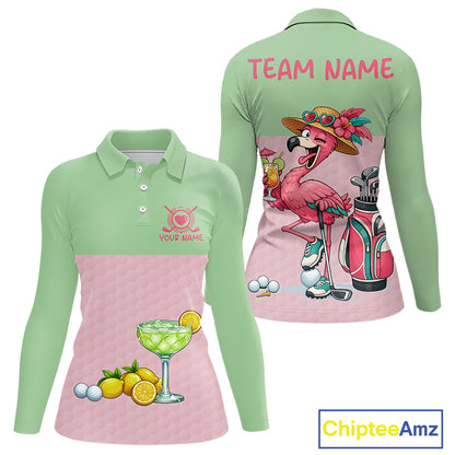 Tropical Funny Flamingo Polo Golf Shirts For Women Custom Pink & Green Golf Team Attire For Golfers NYN3062