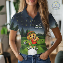 Load image into Gallery viewer, Woman wearing patriotic Golden Retriever golf polo shirt with American flag design
