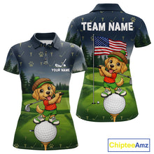 Load image into Gallery viewer, Women's American Flag Golden Retriever golf polo shirt mockup patriotic golf team outfit