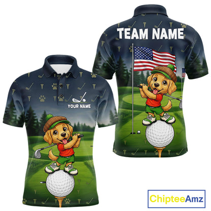 Men's American Flag Golden Retriever golf polo shirt mockup patriotic golf team outfit