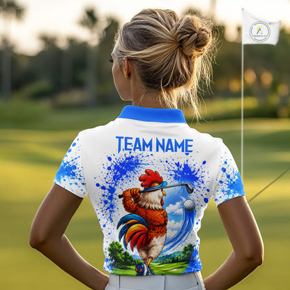 Woman wearing rooster golfer golf polo shirt on golf course