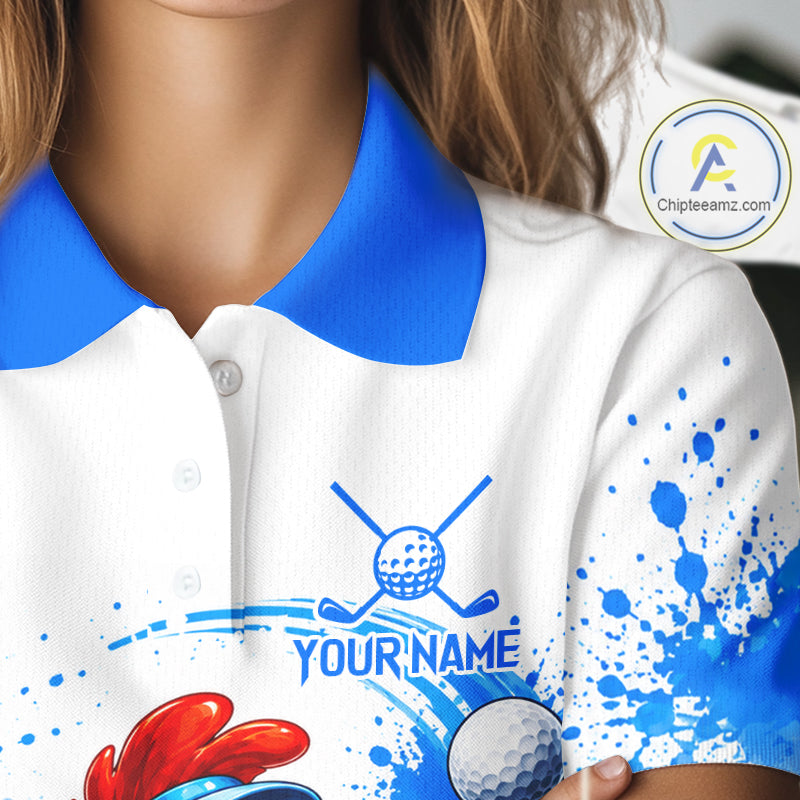 Woman wearing rooster golfer golf polo shirt on golf course