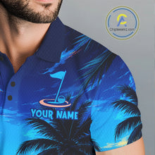 Load image into Gallery viewer, Man wearing tropical sunset palm tree golf polo shirt during golf outing