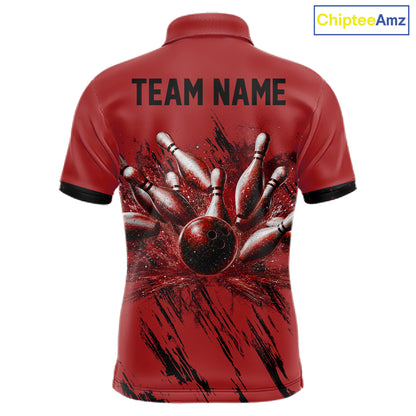 Retro Red Argyle Bowling Polo with personalized bowling team name, retro sportswear, classic bowling apparel, league uniform.