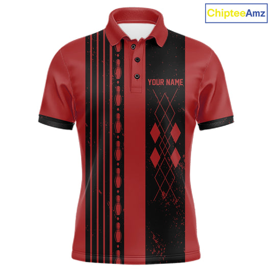 Retro Red Argyle Bowling Polo with personalized bowling team name, retro sportswear, classic bowling apparel, league uniform.