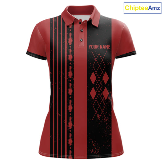 Woman wearing Retro Red Argyle Bowling Polo Shirt featuring classic red argyle pattern, custom bowling team polo, vintage tournament apparel, breathable performance fabric.