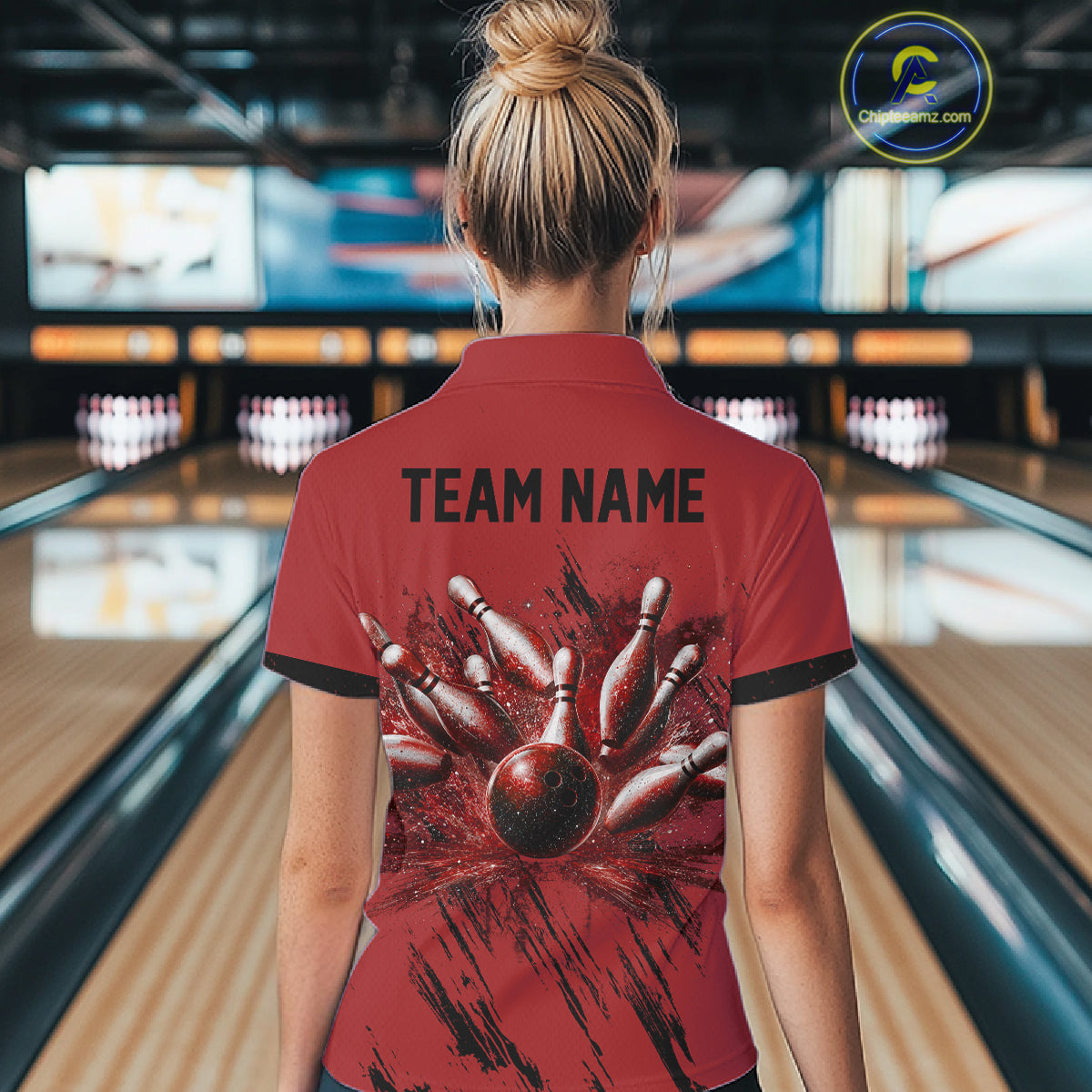 Female bowler modeling retro red argyle bowling fashion, nostalgic sportswear, vintage bowling style, personalized apparel.