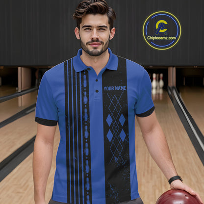 Retro Blue Argyle Grunge Bowling Shirt For Men Custom Team Bowling Tournament Outfits NYN3774
