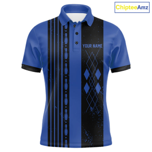 Blue Argyle Bowling Polo featuring custom bowling team graphics, league apparel, vintage-inspired bowling fashion.