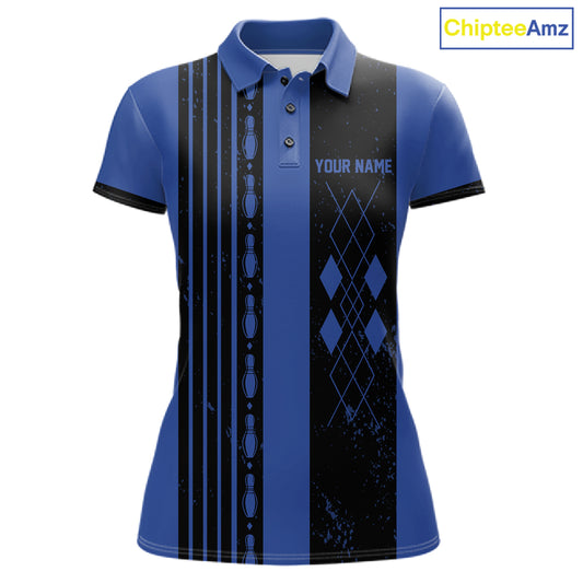 Woman wearing Retro Blue Argyle Bowling Polo Shirt with personalized bowling team design, classic blue argyle pattern, breathable performance polo, retro sportswear.