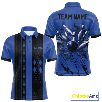Blue Argyle Bowling Polo featuring custom bowling team graphics, league apparel, vintage-inspired bowling fashion.