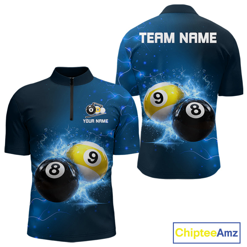Custom 8 Ball & 9 Ball Mens Billiard Shirt Personalized Thunder Blue Billiard Tournament Jerseys NYN3777
