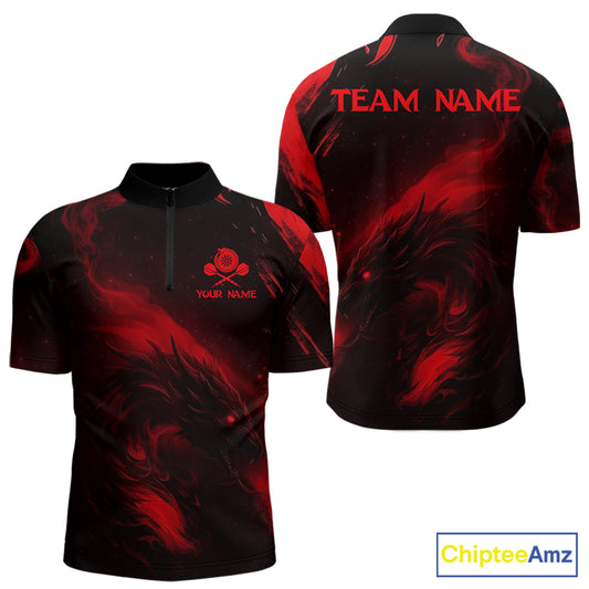 Personalized Black And Red Flames Dragon Dart Quarter-Zip Shirts For Men Dart Team Jerseys NYN2189