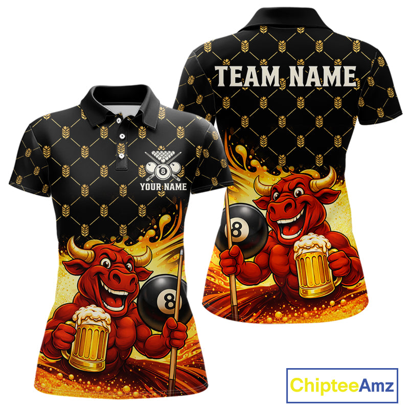 Beer & Funny Bull Play Pool 8 Ball Women Billiard Team Shirt Custom Billiard Polo & 1/4 Zip Attire NYN2475