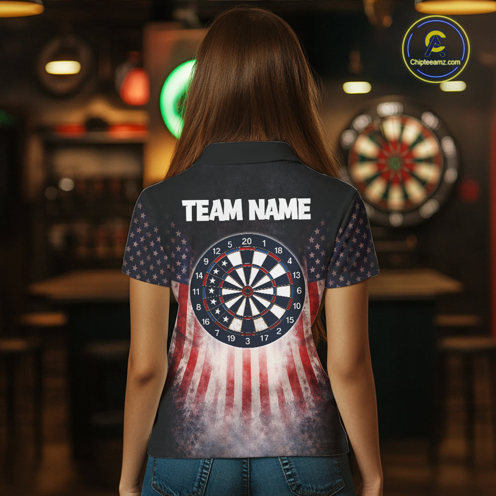 American Flag Grunge Dart Arrow Patriotic Dart Polo Shirts For Women Custom Name For Dart Players NYN2685