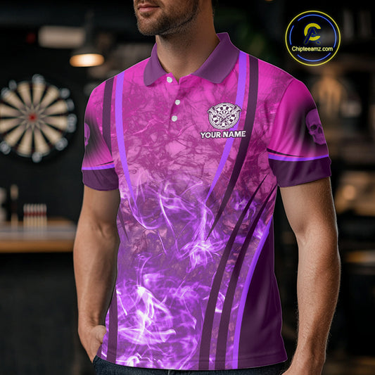 Purple Skull & Flame Darts Men's Darts Polo Shirt Custom Name For Players NYN0750