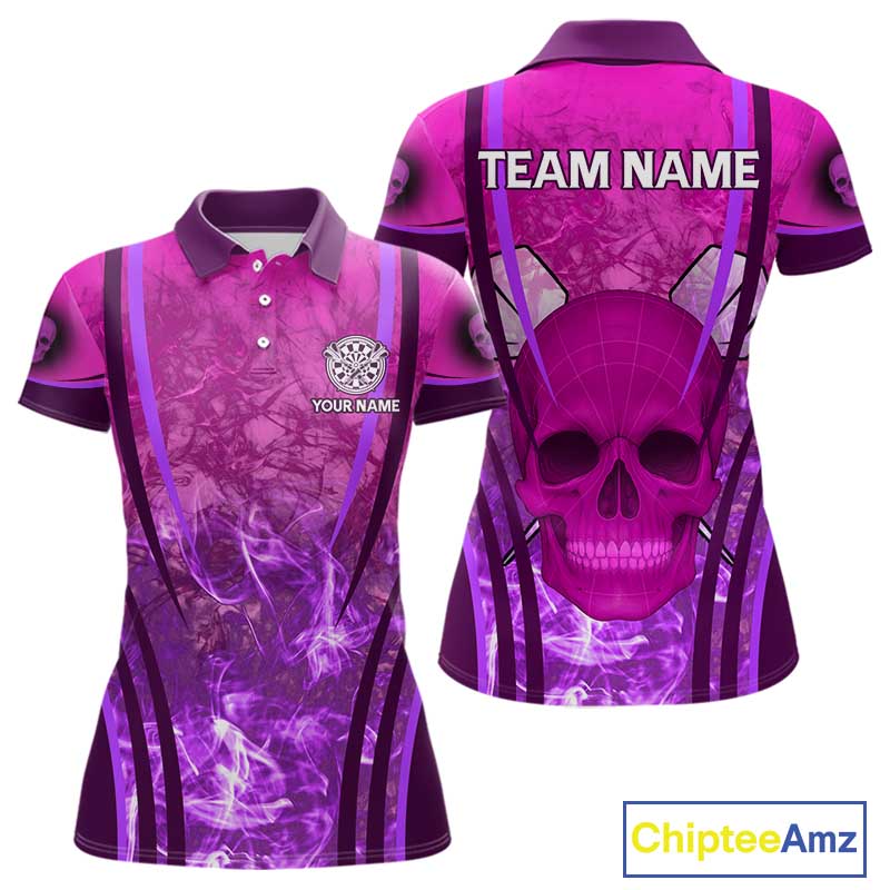 Purple Skull & Flame Darts Women's Darts Polo Shirt Custom Name For Players NYN0750