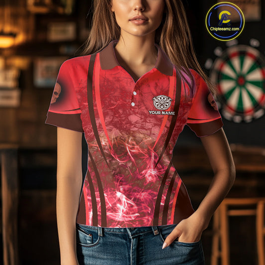 Red Skull & Flame Darts Women's Darts Polo Shirt Custom Name For Players NYN0751