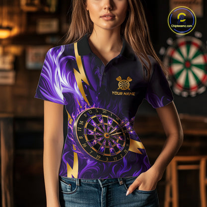 Purple Flame And Gold Dartboard Darts Polo Quarter-Zip Shirts For Women Custom Darts Team Jersey NYN4081