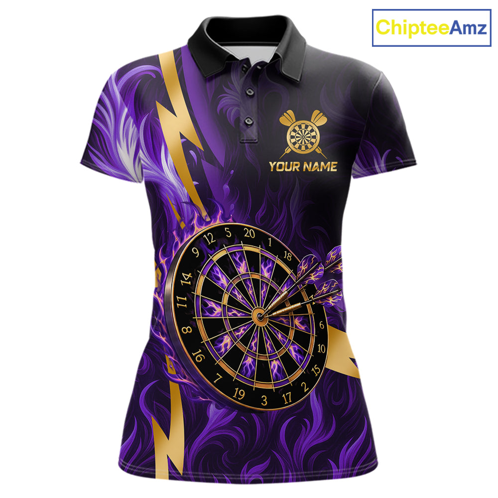 Purple Flame And Gold Dartboard Darts Polo Quarter-Zip Shirts For Women Custom Darts Team Jersey NYN4081