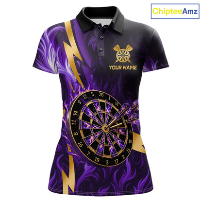 Purple Flame And Gold Dartboard Darts Polo Quarter-Zip Shirts For Women Custom Darts Team Jersey NYN4081