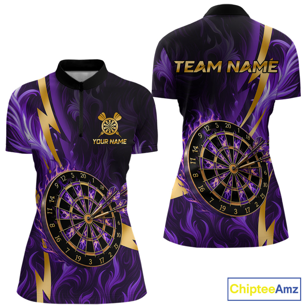 Purple Flame And Gold Dartboard Darts Polo Quarter-Zip Shirts For Women Custom Darts Team Jersey NYN4081