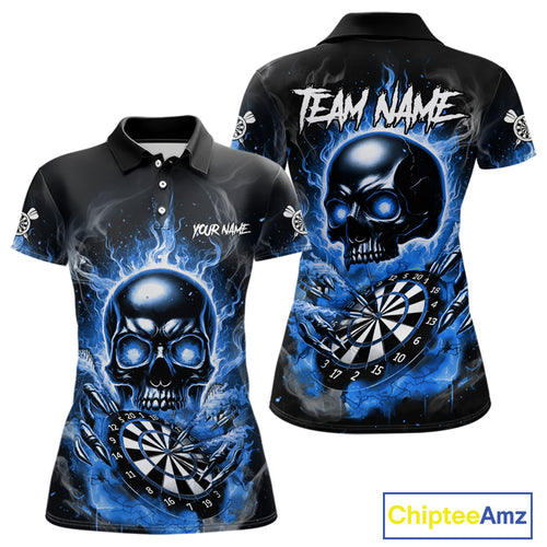 Custom Fire Flame Dartboard Lightning Blue Skull Dart Women Polo Jerseys Dart Team Shirt NYN1674