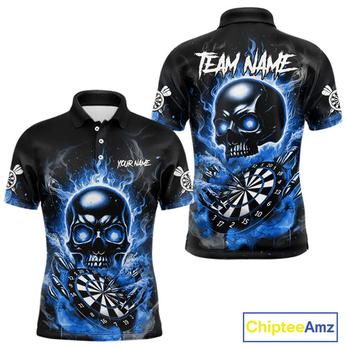 Custom Fire Flame Dartboard Lightning Blue Skull Dart Men Polo Jerseys Dart Team Shirt NYN1674