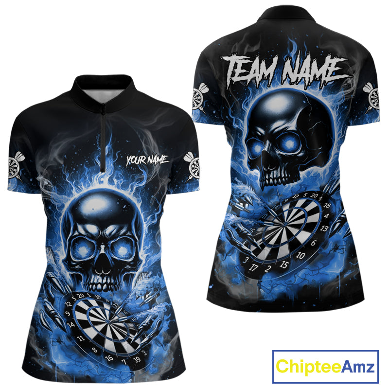 Custom Fire Flame Dartboard Lightning Blue Skull Dart Women Quarter-Zip Jerseys Dart Team Shirt NYN1674