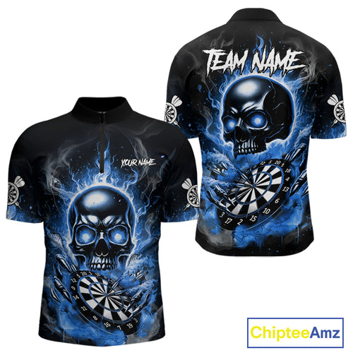 Custom Fire Flame Dartboard Lightning Blue Skull Dart Men Quarter-Zip Jerseys Dart Team Shirt NYN1674
