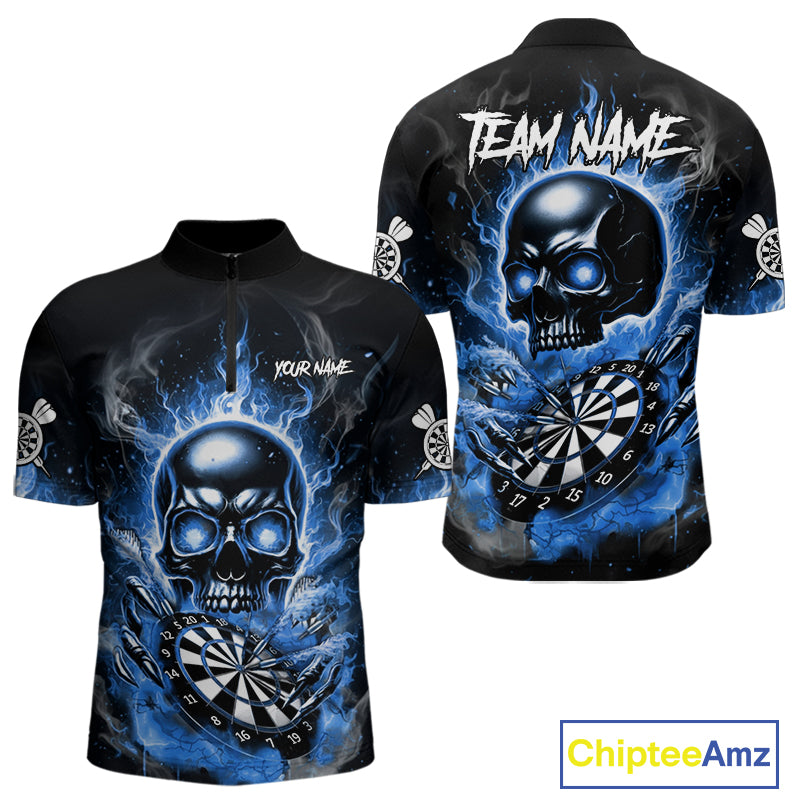 Custom Fire Flame Dartboard Lightning Blue Skull Dart Men Quarter-Zip Jerseys Dart Team Shirt NYN1674