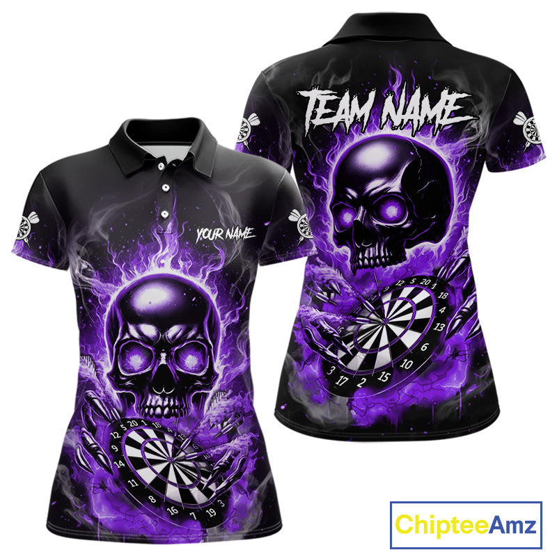Custom Fire Flame Dartboard Lightning Purple Skull Dart Women Polo Jerseys Dart Team Shirt NYN1675