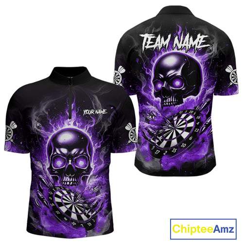 Custom Fire Flame Dartboard Lightning Purple Skull Dart Men Quarter-Zip Jerseys Dart Team Shirt NYN1675
