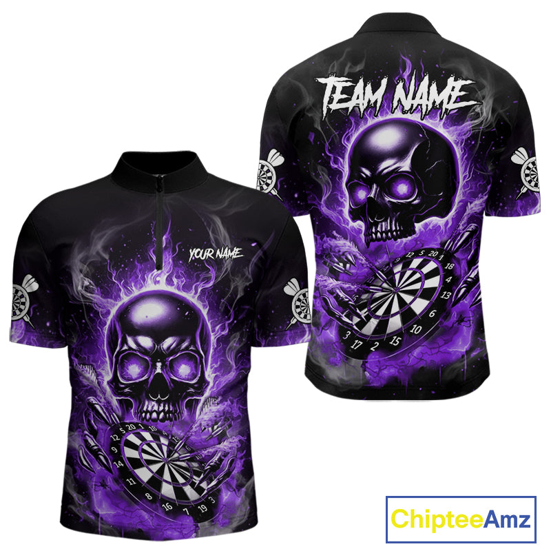 Custom Fire Flame Dartboard Lightning Purple Skull Dart Men Quarter-Zip Jerseys Dart Team Shirt NYN1675