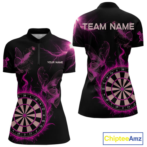 Custom Pink Smokes Butterfly Flame Dartboard Dart Women Quarter-Zip Jerseys Dart Team Shirt NYN1676