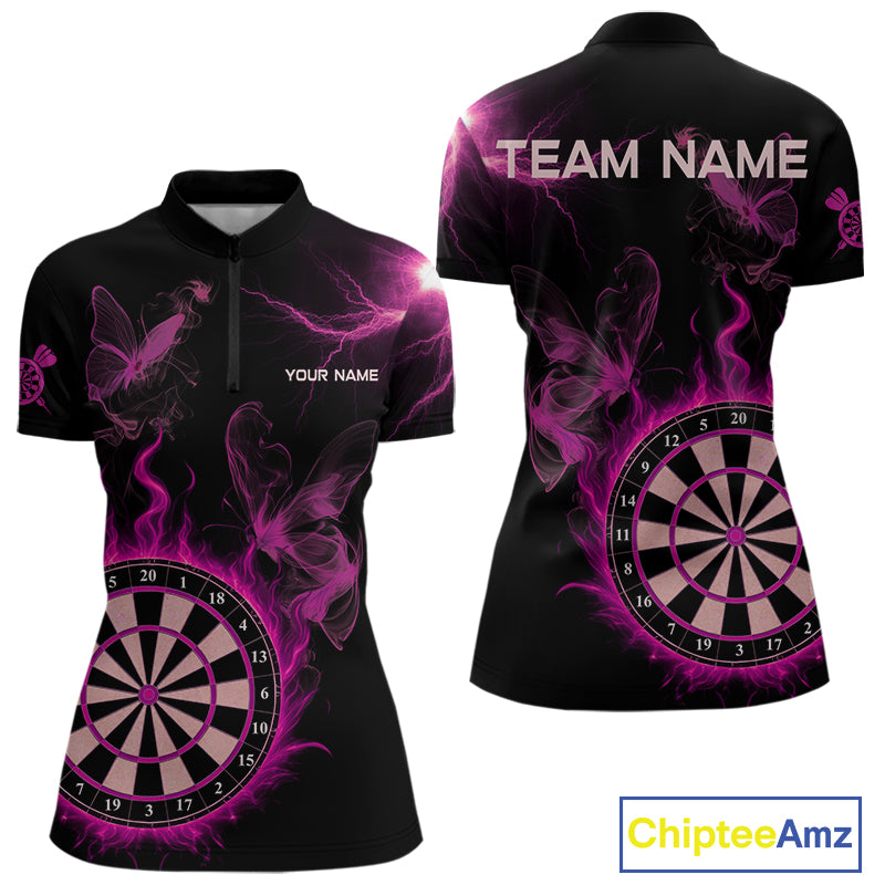 Custom Pink Smokes Butterfly Flame Dartboard Dart Women Quarter-Zip Jerseys Dart Team Shirt NYN1676